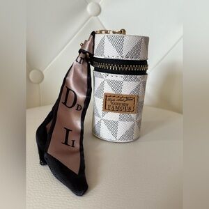 Fashion Print Mini Zip Barrel Purse Keychain Charm White Black Mini Scarf Accent